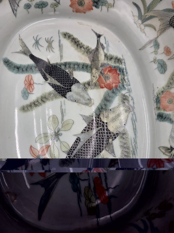 Antique XL Chinese handpainted Red porcelain 24kt gold Oval Footbath, Jardiniere