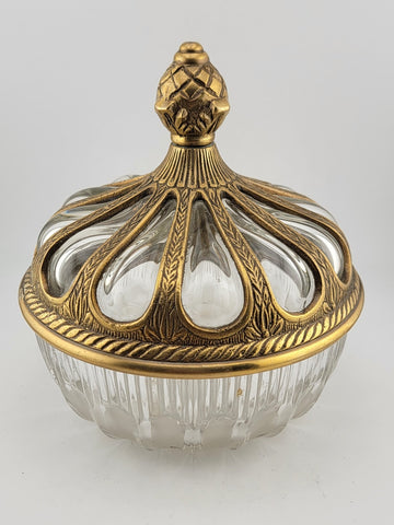 Antique Hand Blown Bubble Glass & Brass Lidded Bowl Container. Read Description.
