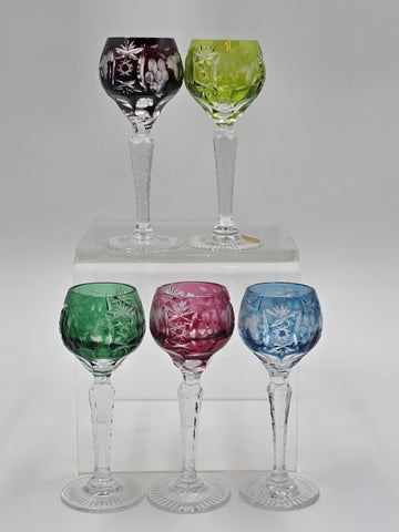 5 NACHTMANN TRAUBE 4 1/2" CORDIALS CRYSTAL WINE GLASSES MULTI COLOR CUT TO CLEAR