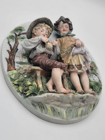 Antique German Bisque 3D Wall Plaque Framed High Relief Germany Children.