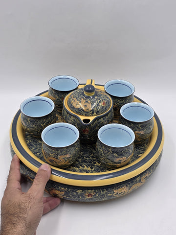 Chinese Qianlong Mark Porcelain Dragon Gongfu Tea Set Teapot 6 Cups Tray. New.