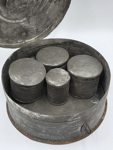 1800s Antique Toleware Apothecary/ Medicine Mixing Box, W Canisters in Round Tin