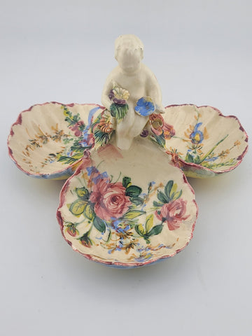 Vintage Italian Majolica Putti Cherub 3 Bowl Dish Hand Painted Faenza Style
