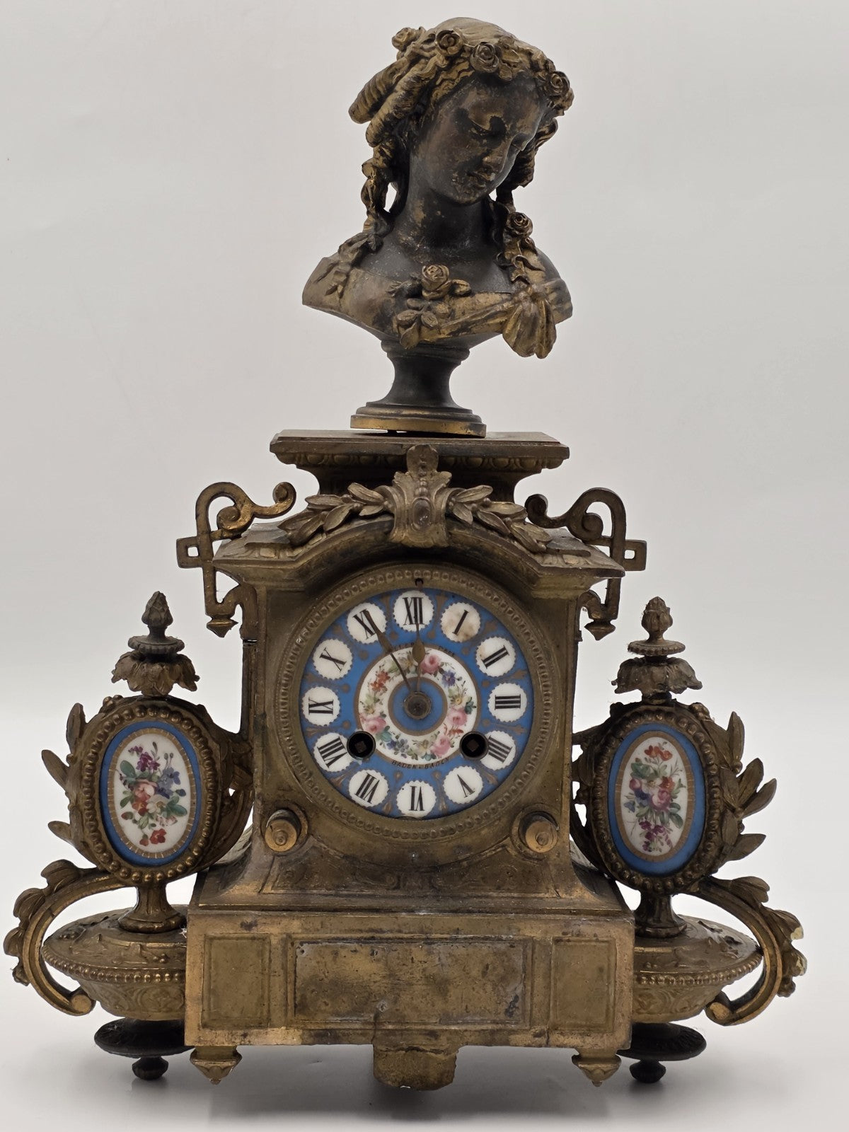 Private: 19th Century Brass & Porcelain Mantel Clock w Eight Day Movement. Works