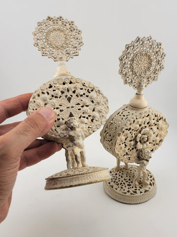 Antique Pair Of White & Gold Tone Metal Glass Hibiscus Filigree Perfume Decanter
