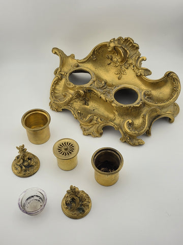 Antique 19th C French Louis XV Rococo Ornate Gilt Bronze Ormolu Inkwell Inkstand