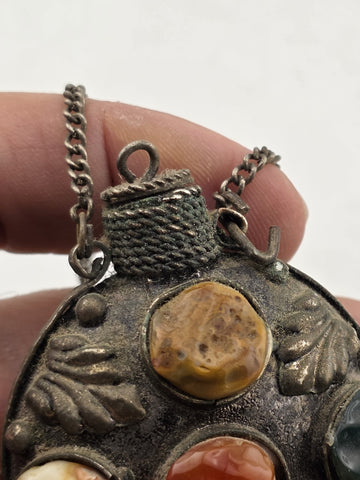 Antique 1900 Imperial Russian Brass & Stone Perfume Bottle Vial Pendant Necklace