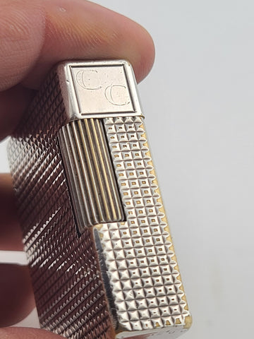 Vintage S.T. Dupont Paris Ligne 1 Diamond Pattern Silver Plated Gas Lighter