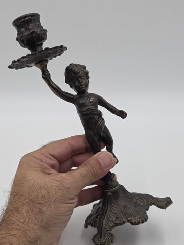 Rare Antique Bronze Brass Putto Cherub Figural Candlestick Rococo 8.5"