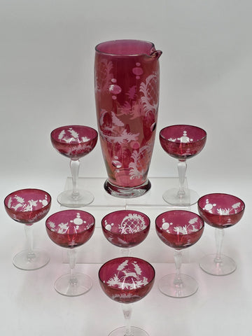 Rare Set Of 8 Antique Edwardian Wine Cranberry Glass Engraved Etched & Pitcher.