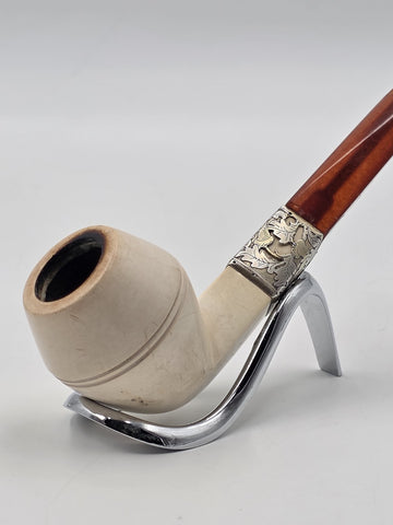 Antique Meerschaum Tobacco Pipe Sterling Silver Mount Cognac Amber Stem c.1890