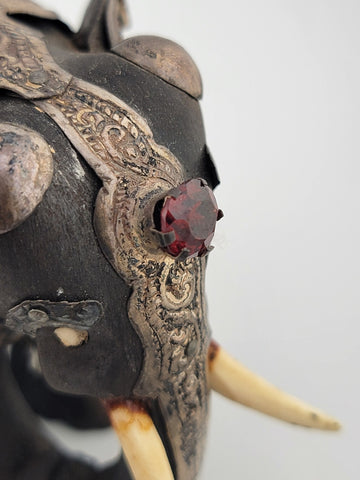 Rare Antique Indian Ebony Silver Overlay Jeweled Elephant W Real Ruby Stone.