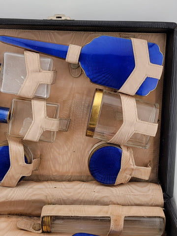 Antique Hard Cased Blue Enameled 1930s Vanity Set. Extremely Rare. VG Condition