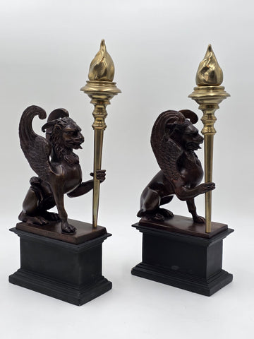 Rare Pair of Antique Late 19th C Heavy Bronze Griffin bookends/ Candleholders.
