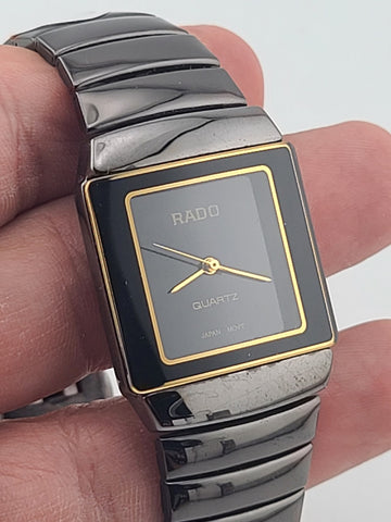 Vintage Rado Rectangular Quartz Watch Black Dial Gold Trim Swiss Design. Works.