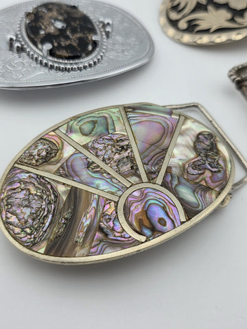 Vintage Western Belt Buckle Lot Abalone Mexico Stone Floral Cowboy 4 Pc Lot.