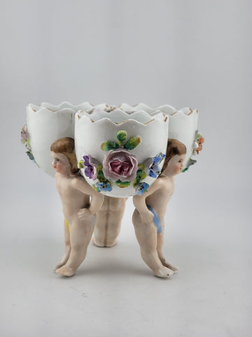 Antique Dresden Germany Porcelain Floral 3 Little Bowls w Figural Cherub Putti.