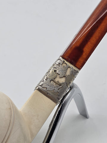 Antique Meerschaum Tobacco Pipe Sterling Silver Mount Cognac Amber Stem c.1890