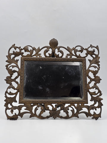 Antique Victorian Cast Iron Vanity Mirror Ornate Scrollwork Easel Frame C 1890.
