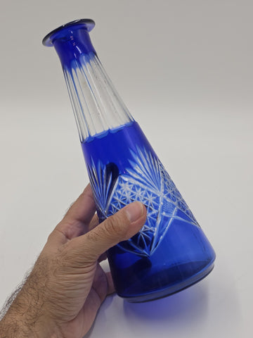 Bohemian Cobalt Cut to Clear Crystal Vase 10” Starburst Fan Pattern Vintage