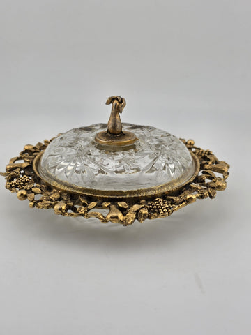 Antique Victorian Ormolu Cut Crystal Covered Vanity Dish W Floral Lid, C 1890.