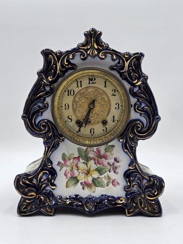 1889 WATERBURY Parlor No.98 Victorian Cobalt Blue Porcelain Ceramic Mantel Clock