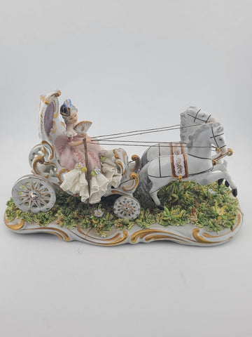Rare Antique Capodimonte Italian Porcelain Lady Horse Carriage Lace Figurine