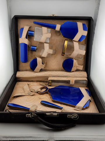 Antique Hard Cased Blue Enameled 1930s Vanity Set. Extremely Rare. VG Condition
