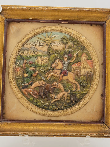Rare Antique GERMAN MINIATURE WAX PAINTING "WILD BOAR HUNT" 1900s 16th C Style.