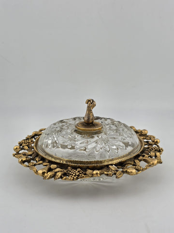 Antique Victorian Ormolu Cut Crystal Covered Vanity Dish W Floral Lid, C 1890.
