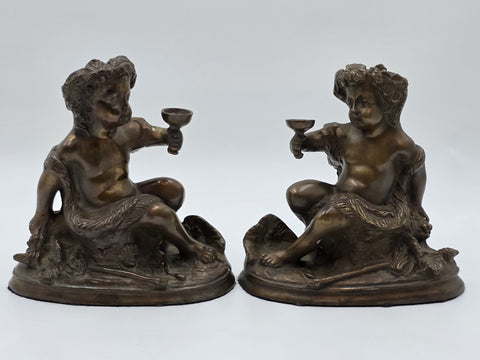 SET OF 2 FRENCH BRONZE SCULPTURE BY E. ROSSY ,PUTTI CHERUBS HOLDING A WINE CUP