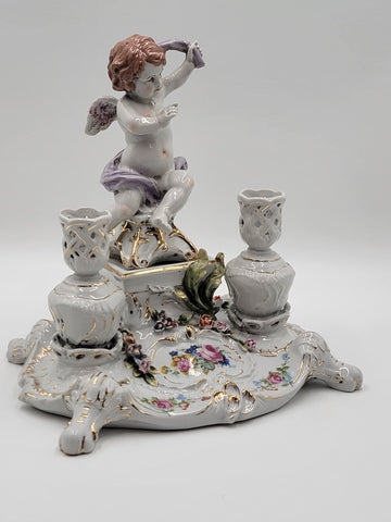 Rare Antique 19th C Porcelain Candle Holder Stand W Cherub & Flowers. Stamped.