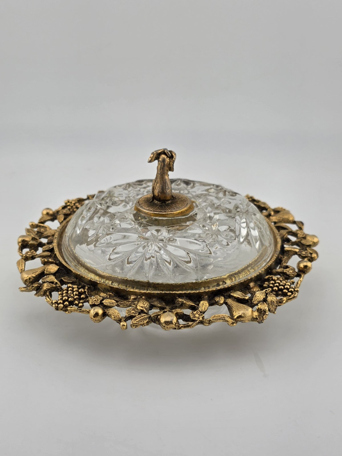 Antique Victorian Ormolu Cut Crystal Covered Vanity Dish W Floral Lid, C 1890.