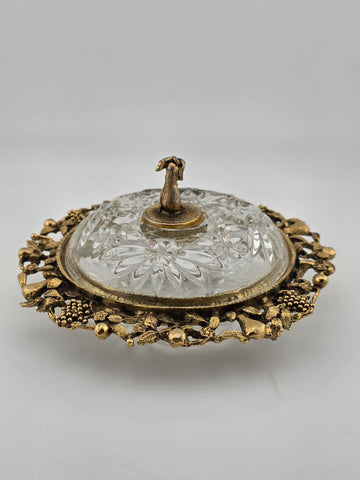 Antique Victorian Ormolu Cut Crystal Covered Vanity Dish W Floral Lid, C 1890.