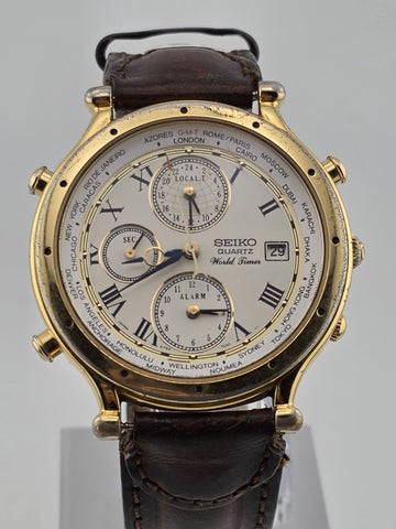 Vintage Collectible SEIKO 5T52-7A10 World Timer Age of Discovery Alarm- Working