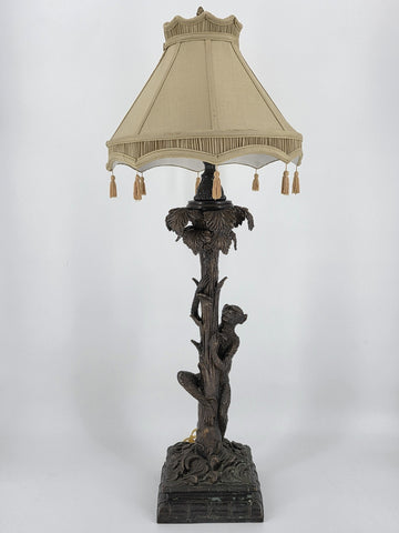 Antique Bronze Table Lamp with Palm Tree & Monkey, Beige Silk & Pleated Shade,