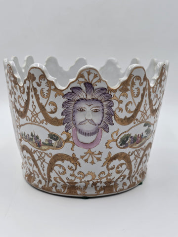 Chinese Export Porcelain Jardiniere C 1920 European Harbor Scene Gilt Cachepot