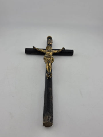 Rare Antique 19th C Crucifix Metal Jesus On Wood Cross W Rare Tips Memento.