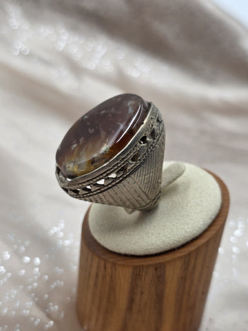 Antique Islamic Silver Agate Aqeeq Men's Ring Large Cabochon Middle Eastern