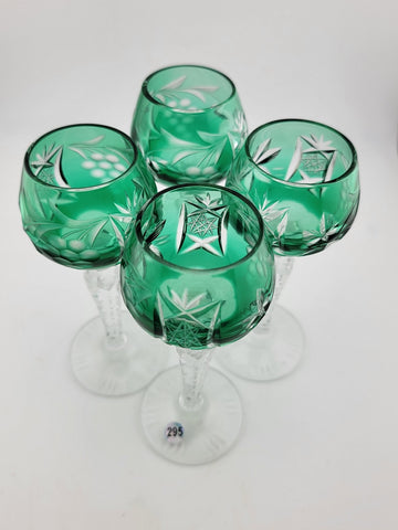 Set Of 4 Lausitzer Bohemian Crystal Green Cut Glass Etched. No Chips Or Cracks