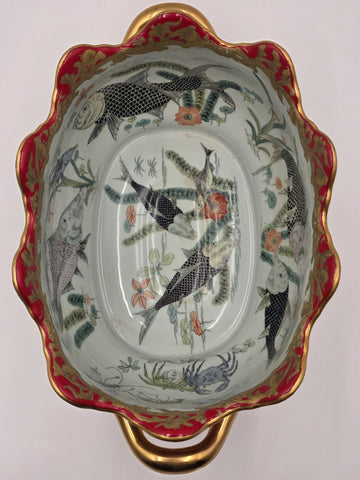 Antique XL Chinese handpainted Red porcelain 24kt gold Oval Footbath, Jardiniere