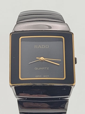 Vintage Rado Rectangular Quartz Watch Black Dial Gold Trim Swiss Design. Works.