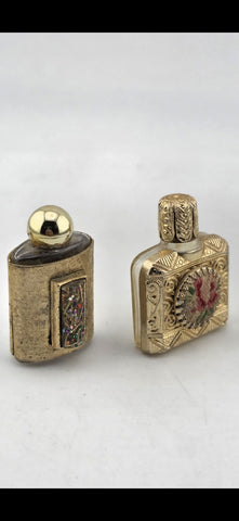 Rare Antique 1950's Mini Perfume Bottles Floral Needlepoint & Gold Tone MCM Lot