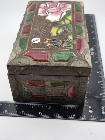 RARE ANTIQUE JAPANESE COPPER  BRASS-BOUND JEWELRY BOX W RAISED ENAMEL DECO MEIJI