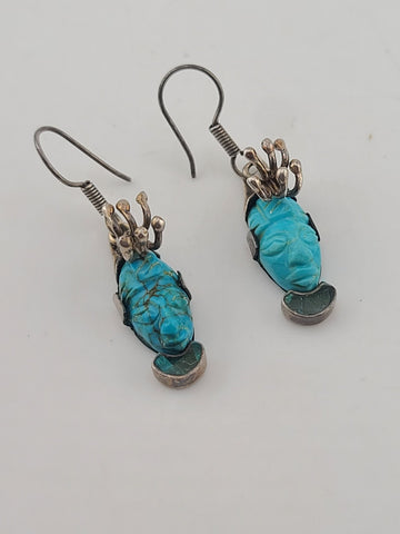 OOAK Vintage Mexican Sterling Silver Aztec-Style Turquoise Face Drop Earrings