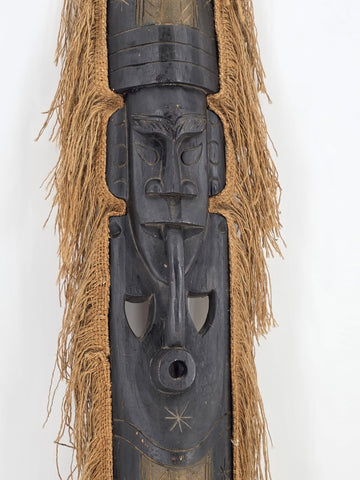Vintage 40” West African Hand Carved Wood Mask Raffia Fringe Tribal Wall Art
