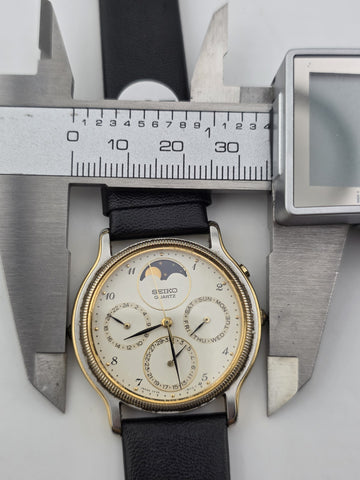 Vtg Seiko Chronograph Moon Phase White Dial Watch – 7F39-6029. Japan 1989 Works