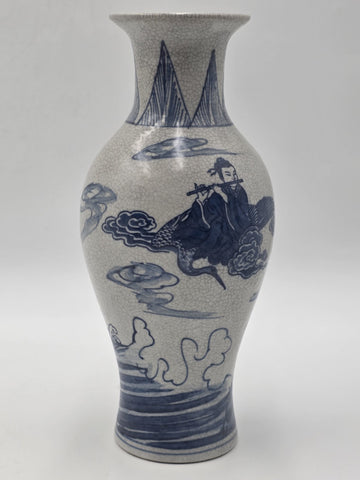 Antique Chinese Blue &White Crackle Glaze Porcelain Vase Immortals Qianlong Mark