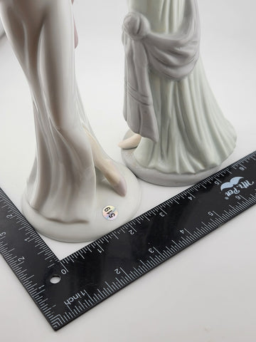 Beautiful Set Of 2 Vintage Porcelain Glazed Hair Women in White Dresses Figurine