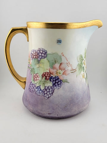 Antique MZ Austria Porcelain Pitcher W Hand Painted  grapes. Monogrammed. 1929